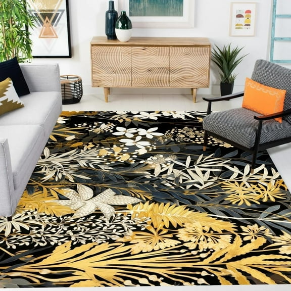 Modern Floral Plant Washable Area Rug For Living Room Bedroom Diningroom Soft Large Carpet Art Deco Aesthetic Kitchen Hallway Runner Rugs Floor Mat Black 3x5ft