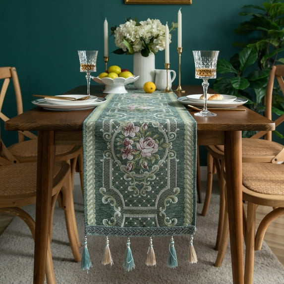 Modern Floral Print Table Runner with Tassel Cotton Table Runner for Dinning Table Decoration