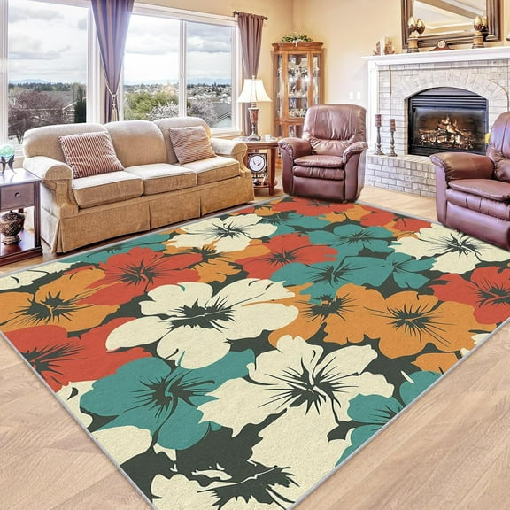 Modern Floral Rug Washable Abstract Hibiscus Flower Rugs For Living Room Bedroom, Tropical Hawaiian Area Rug For Home Decor, Non Slip Backing Floor Carpet 5x7ft