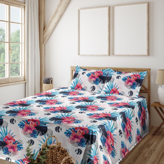 Modern Floral Sheet Set, Dreamy Abstract Boho Rounds with Tropical Hibiscus Pattern Art, Fitted & Flat Sheet with Pillowcase Bedding Accent 4 Pcs Set, Full, Dark Cocoa Sea Blue Cream, by Ambesonne