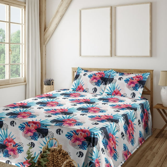 Modern Floral Sheet Set, Dreamy Abstract Boho Rounds with Tropical Hibiscus Pattern Art, Fitted & Flat Sheet with Pillowcase Bedding Accent 4 Pcs Set, Full, Dark Cocoa Sea Blue Cream, by Ambesonne