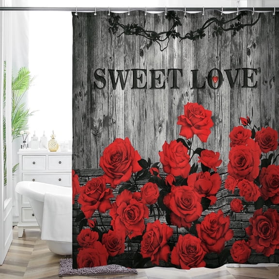 Modern Floral Shower Curtain 72x72 in, Romantic Red Rose & Wood Background, Waterproof Washable Fabric, Hooks Included