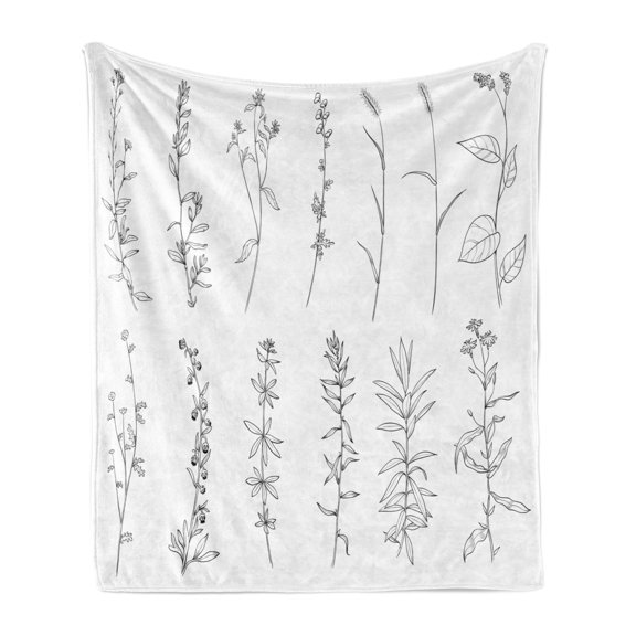 Modern Floral Soft Flannel Fleece Throw Blanket, Hand Drawn Like Monochrome Sketch of Wild Herbs on Plain Backdrop, Cozy Plush for Indoor and Outdoor Use, 70" x 90", White Charcoal Grey, by Ambesonne