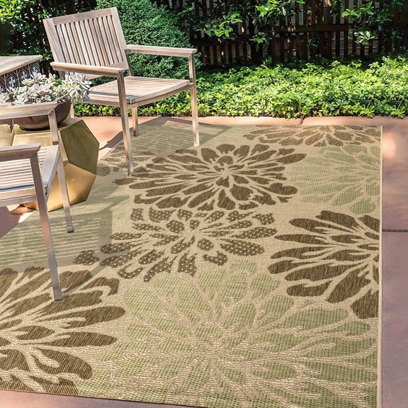 Modern Floral Textured Weave Indoor Outdoor Area Rug Bohemian Coastal Easy Cleaning Bedroom Kitchen Backyard Patio Non Shedding, Sage/Brown