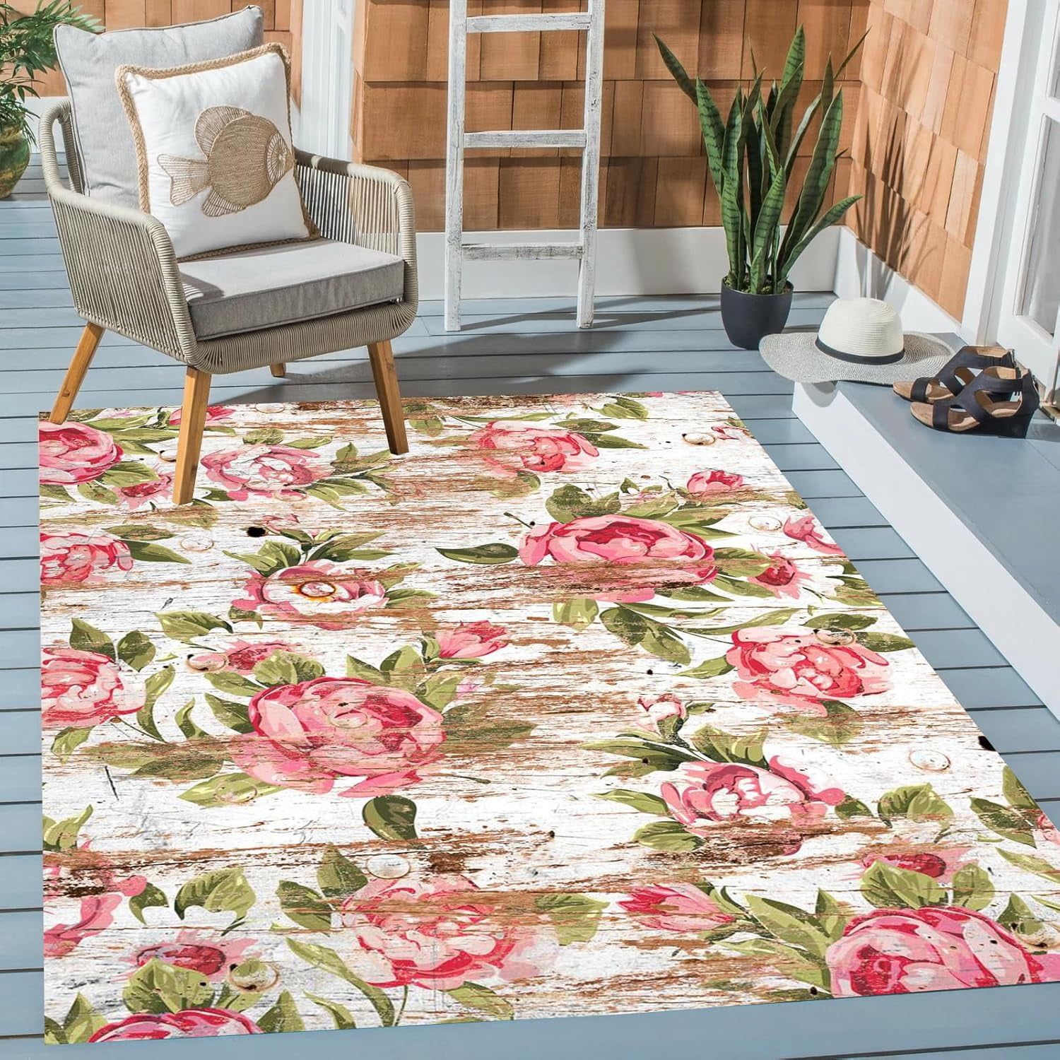 Modern Floral Washable Indoor Outdoor Area Rug for Patio Balcony Deck ...
