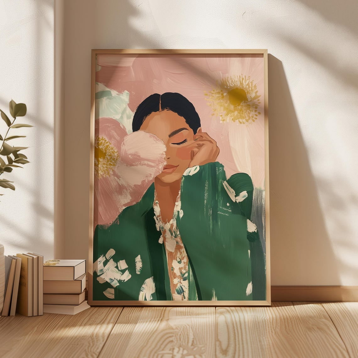 Modern Floral Woman Wall Art, Pink And Green Feminine Portrait Print ...