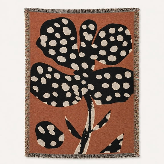 Modern Floral Woven Cotton Throw Blanket with Fringe, Black Terracotta Cream