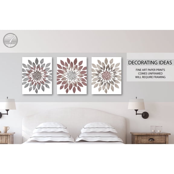 Modern Flower Bursts Neutral Colors Fine Art Prints, Grey Mauve, Brown Cottage Home, Apartment Wall Art Set of (3)as, Stretched Canvas