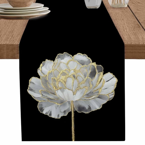 Modern Flower Gold Line on Black Table Runner-70 Inch Long Summer Floral Table Runners Linen Burlap Tablerunner for Kitchen Dining Room Holiday Party
