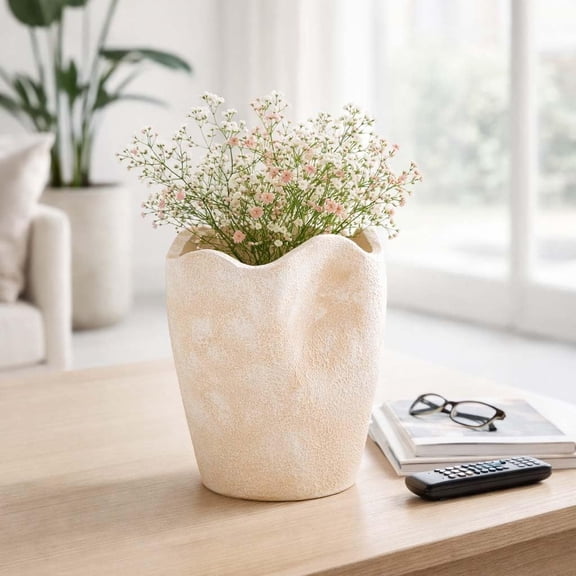Modern Flower Vase – Handmade Terracotta Decorative Vase with Organic Wavy Rim – Rustic Boho Home Decor for Living Room, Bedroom & Office, Textured Pottery – 10", Ivory & Tan