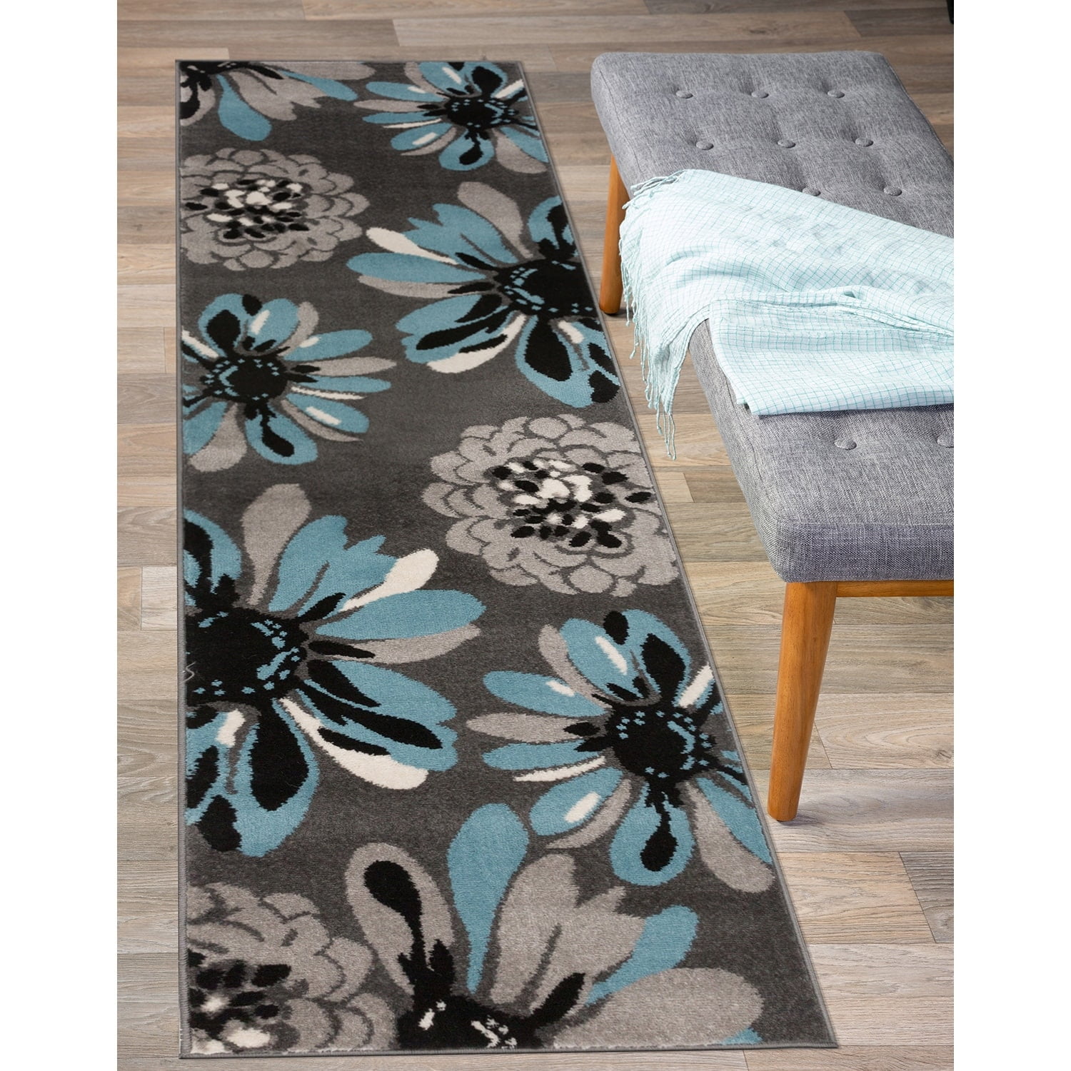 Blue and Gray Floral Synthetic Runner Rug 2' x 10'