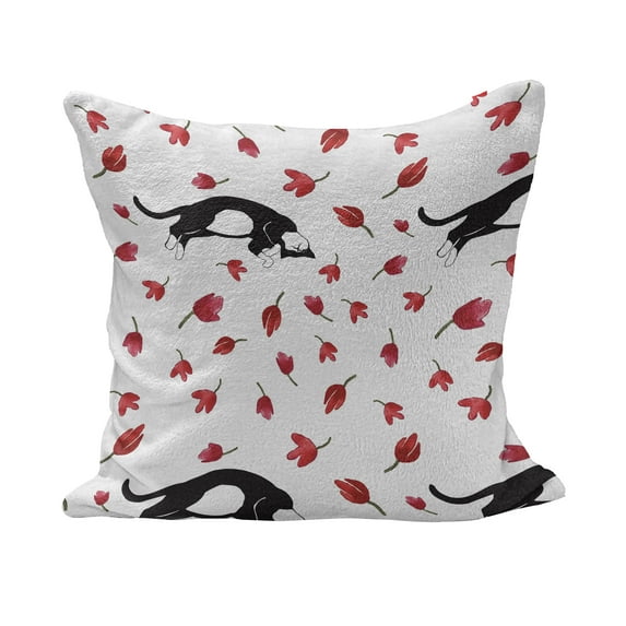 Modern Fluffy Throw Pillow Cushion Cover, Kitty Sleeping Surrounded by Tulips Cat Animal Pet Creature Print, Decorative Square Accent Pillow Case, 18" x 18", Black White Pink, by Ambesonne