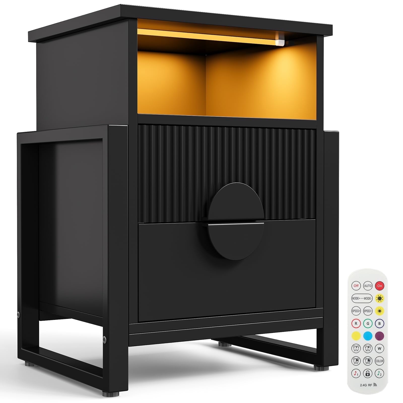 Modern Fluted 2-Drawer Dresser, Side table for Bedroom Living room, Borders H Metal Legs,Black