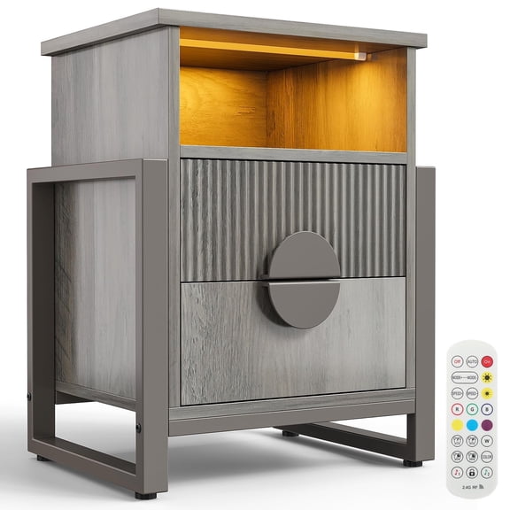 Modern Fluted 2-Drawer Dresser, Side table for Bedroom Living room, Borders H Metal Legs,Gray Wash