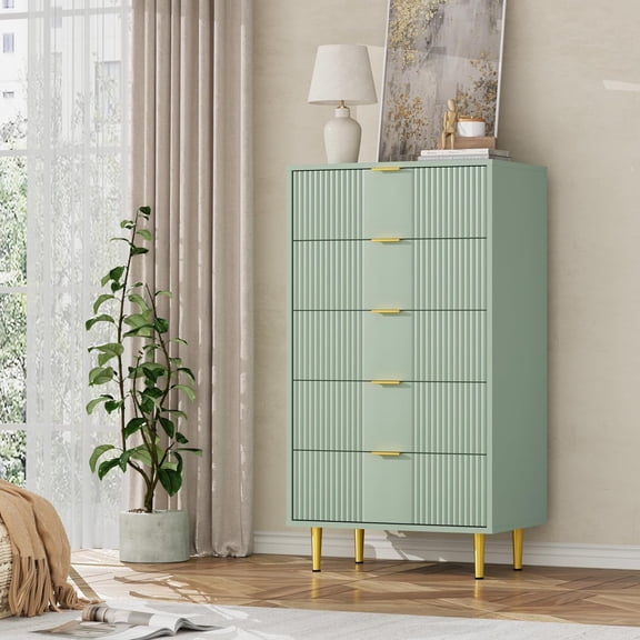 Modern Fluted 5-Drawer Dresser Chest, 44.25-Inch Tall Wooden Clothes Storage Organizer with Metal Handles and Metal Legs, MDF Closet Cabinet for Bedroom Hallway Living Room,Olive green