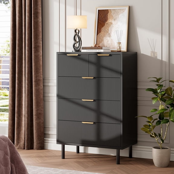 Modern Fluted 5 Drawer Dresser - Wide Storage Cabinet for Bedroom, Entryway, or Hallway - Metal Legs, Anti-Tipping Device, Space-Saving Closet Organizer, Tall Bedside Table for Small Spaces, Black