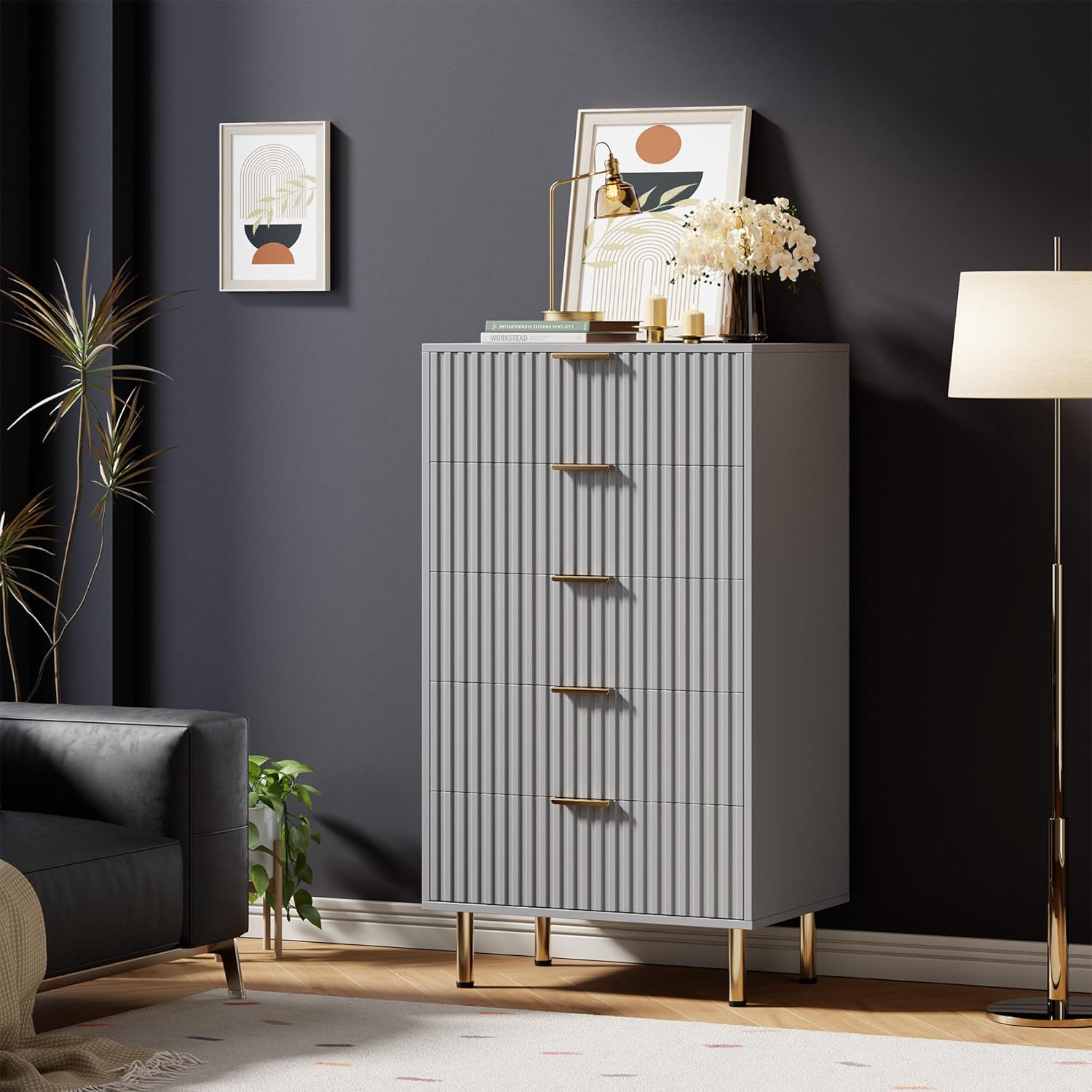 Modern Fluted 5-Drawer Tall Dresser, 48" Wooden Chest of Drawers - Deep Storage Drawers, Wide Top, Space-Saving Vertical Organizer for Bedroom, Hallway, Kids Room - Matte Gray