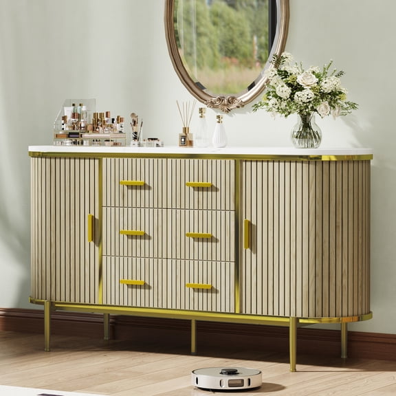 Modern Fluted 59" Dresser with 6 Drawers, 2 Sliding Doors & Faux Marble Top - Storage Sideboard Buffet for Dining Room, Kitchen, Living Room - Built-in Shelves - Oak