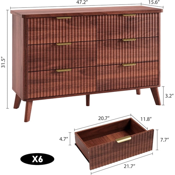 Renikay Modern Fluted 6-Drawer Dresser - 47.2 in Wide Wooden Chest, Deep Drawers & Curved Profile, Gold Handles, Spacious Storage for Bedroom