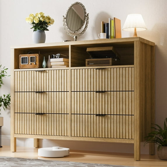 NEDYO Fluted 6-Drawer Dresser with 2 Open Shelves, 47.2" Wide Medium Density Fiberboard Storage Organizer