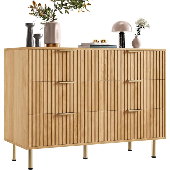 Modern Fluted 6 Drawer Wide Dresser, Wooden Double Dresser TV Stand with Deep Storage Drawers for Bedroom Living Room - Oak