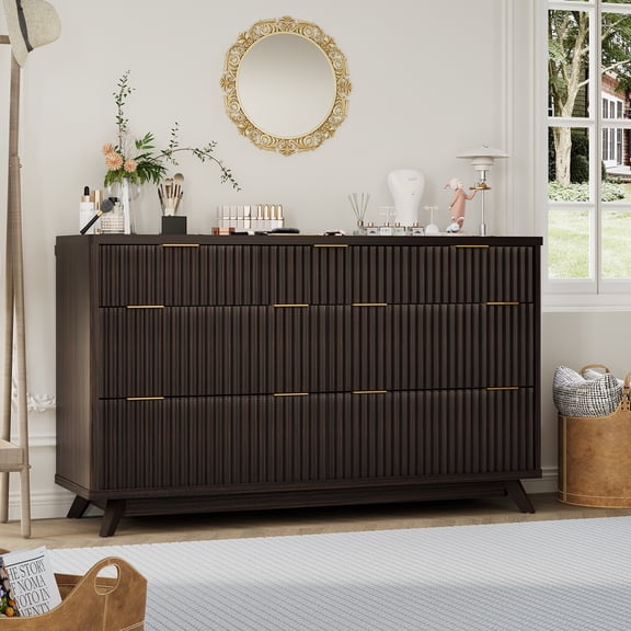 Modern Fluted 7-Drawer Chest – 54" Wide Wooden Dresser with Curved Design – Spacious Storage Cabinet for Bedroom, Living Room, Entryway – Black Walnut
