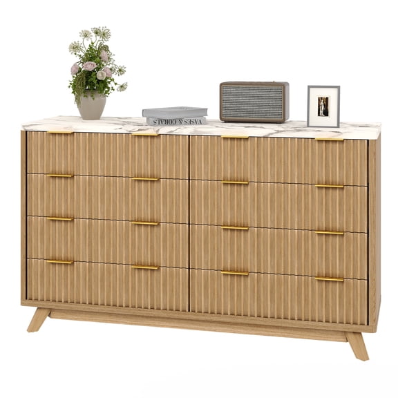 Modern Fluted 8-Drawer Dresser, 54" Wide Wood Chest – Curved Design, Spacious Storage, TV Stand for Bedroom, Hallway, or Closet Organization, Oak Color