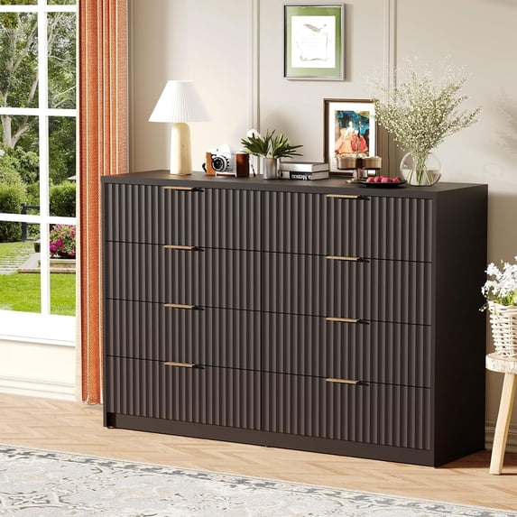 Modern Fluted 8 Drawer Dresser, Large Capacity Chest of Drawers, with Metal Handles & Anti-Tip, Wooden Storage Organizer for Bedroom, Living Room, Hallway, Black