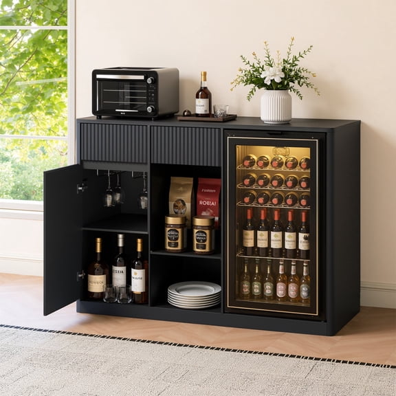 Modern Fluted Bar Cabinet with Fridge Nook & Power, Wine Storage, 51.2"