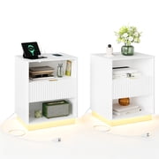 Modern Fluted Bedside Table Set of 2, Nightstand with Charging Station USB Ports Type-C and LED Light for Bedroom Living Room, White/Natural/Black