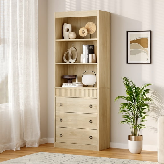 Modern Fluted Bookshelf with Drawers – 6-Tier Tall Bookcase, Waved Open Shelves & Large Storage Cabinet, Freestanding Wooden Display Shelf for Living Room, Dining Room, or Office