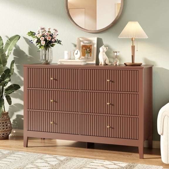 Modern Fluted Chest of Drawers with Storage,6 Drawers Storage Dresser with Paint Design,Wood Drawer Organizer Dressers for Bedroom, Hallway, Entryway,Brown