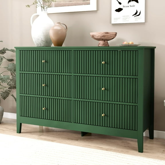 Modern Fluted Chest of Drawers with Storage,6 Drawers Storage Dresser with Paint Design,Wood Drawer Organizer Dressers for Bedroom, Hallway, Entryway,Green