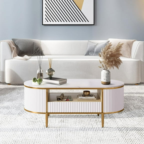 Modern Fluted Coffee Table, 47.24" Oval Coffee Table with Drawer & Faux Marble Top, Curved Center Table with Gold Metal Leg for Living Room Home Office