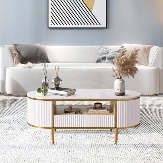 Modern Fluted Coffee Table, 48'' Modern Oval Coffee Table with Drawer, Faux Marble Top, Curved Profile Center Table with Storage, Gold Metal Decor, Center Table for Living Room, White