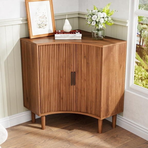 Modern Fluted Corner Cabinet with Sliding Doors, Small Wood Corner Storage for Small Space, Walnut