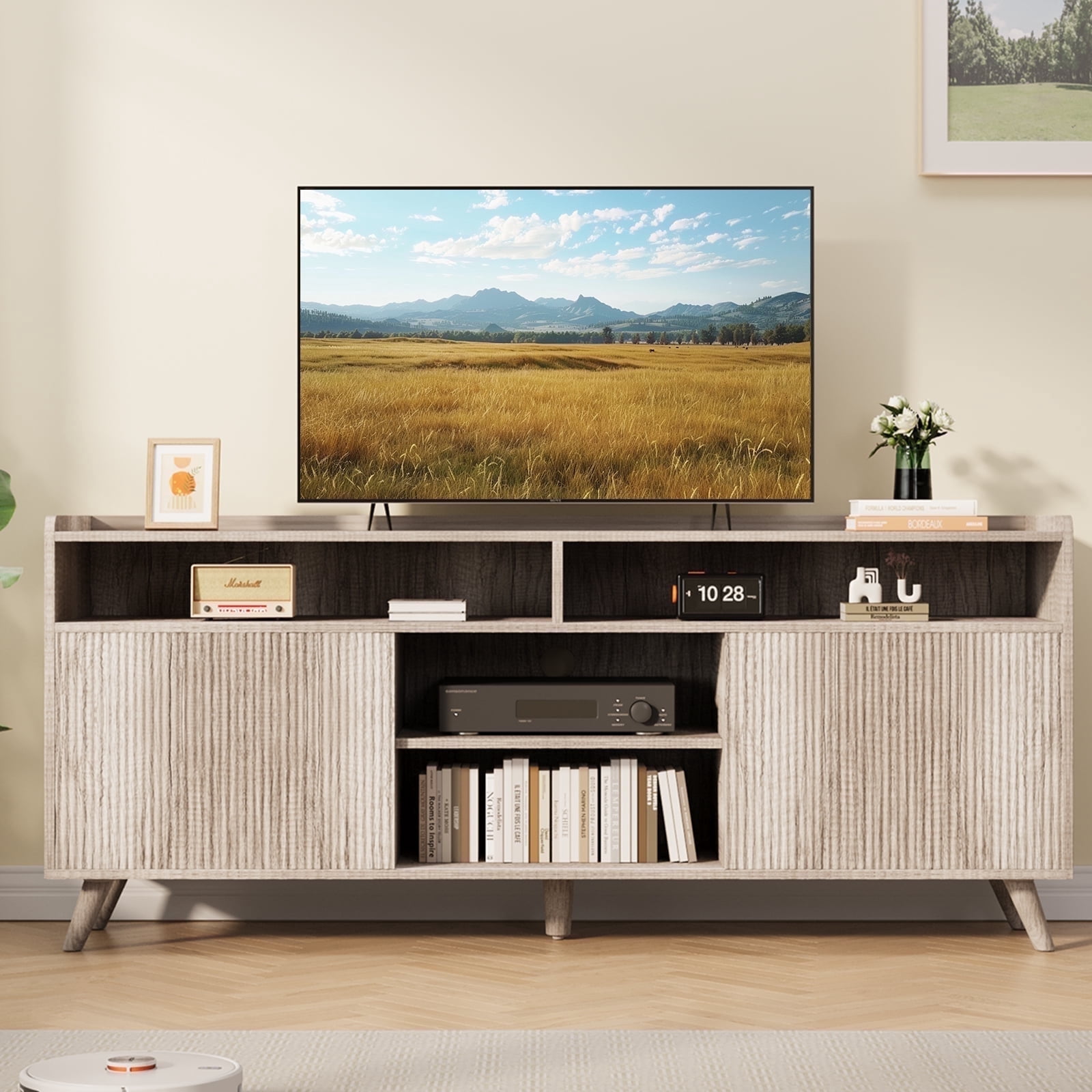 Nifamembo Modern Fluted-Door TV Stand for 55-65 inch TV, Entertainment Center with Storage Cabinets for Living Room(Sunwashed Ash Oak)