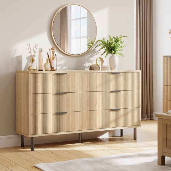 Modern Fluted Dresser with 6 Drawers, 54.3" Wide Double Dresser for Bedroom, Wave Pattern Chest of Drawers with Metal Legs and Anti-Tipping Device, Storage Organizer for Living Room, Entryway