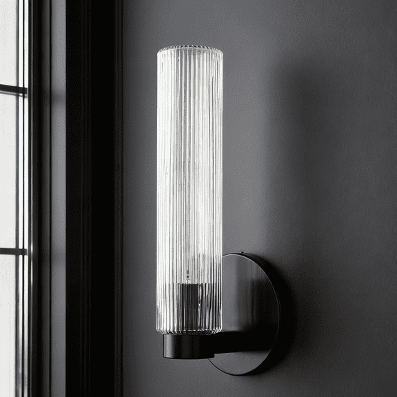 Modern Fluted Glass Tube Shade Vanity Light with Black Metal, Minimalist Wall Mounted Light, Textural Touch Sconce for Hallway, Entryway, Bedroom, Living Room