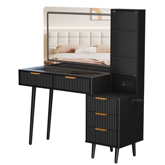 Modern Fluted Makeup Vanity Desk – 36" LED Lighted Mirror, Glass Top, 5 Drawers, 3-Tier Shelves, Built-in Charging Station – Wooden Dressing Table for Bedroom