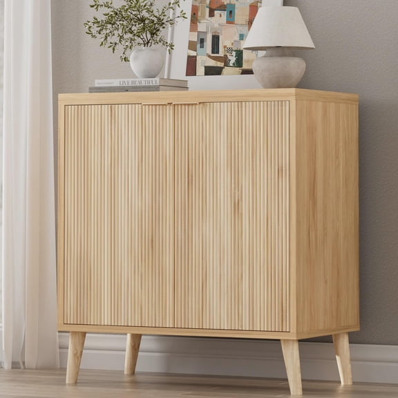 Modern Fluted Natural Wood Sideboard Cabinet With 2 Doors & Adjustable