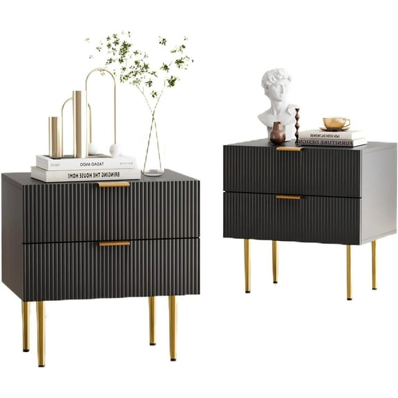 Modern Fluted Nightstand Set of 2, Black Night Stand with Golden Handles and Metal Legs, Wooden Bedside Table with 2 Drawers for Bedroom Living Room