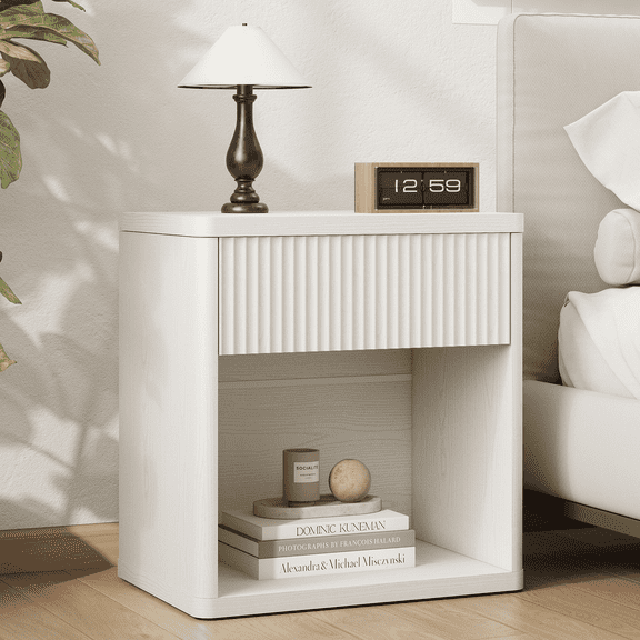 Modern Fluted Nightstand with Drawer and Open Shelf, Mid-Century Bedside Table, Wide End Table for Bedroom and Living Room