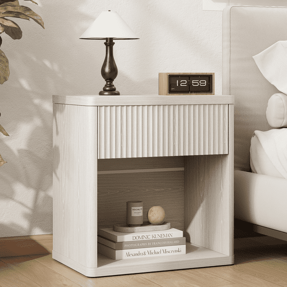 Modern Fluted Nightstand with Drawer and Open Shelf, Mid-Century Bedside Table, Wide End Table for Bedroom and Living Room