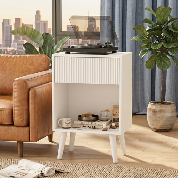 Modern Fluted Nightstand with Storage Drawer and Open Shelf, Wood Bedside Table End Table for Bedroom and Living Room White