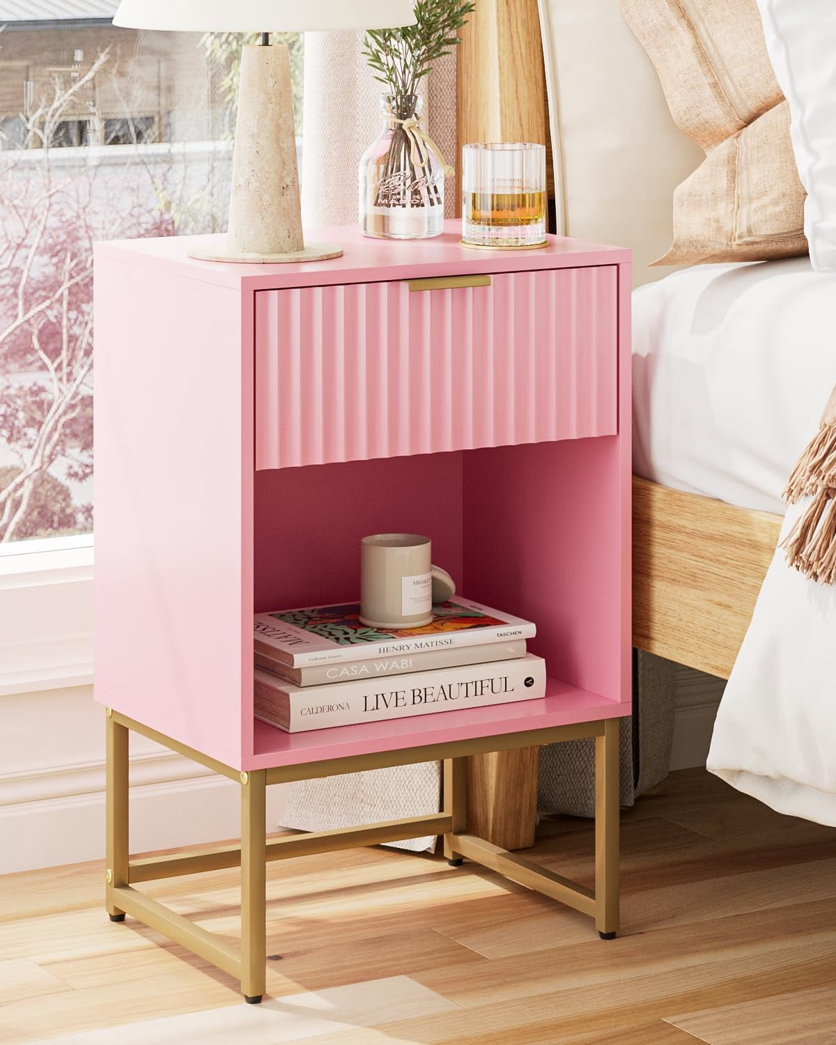 Modern Fluted Pink Nightstand, Wood Bedside Table with Storage Drawer ...