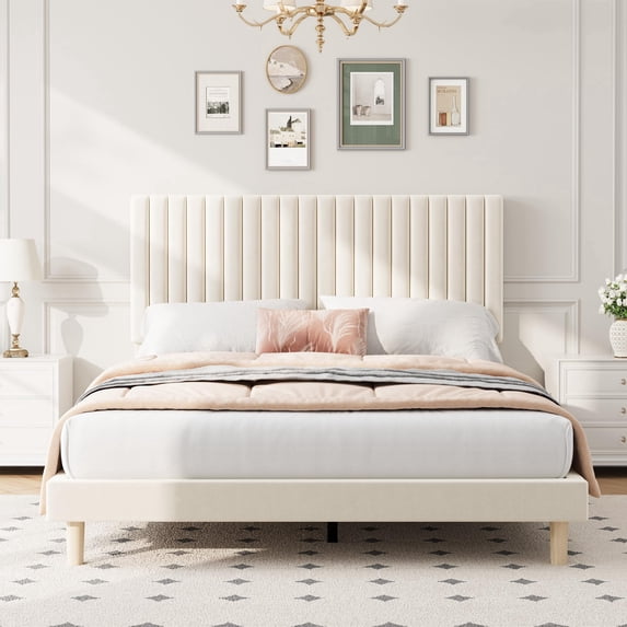 Modern Fluted Platform Bed, Velvet Upholstered Platform Bed Frame, with 3-Level Adjustable Headboard, No Box Spring Needed, for Apartments and Small Spaces