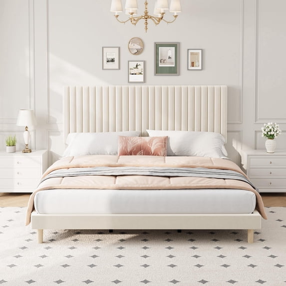 Modern Fluted Platform Bed, Velvet Upholstered Platform Bed Frame, with 3-Level Adjustable Headboard, No Box Spring Needed, for Apartments and Small Spaces