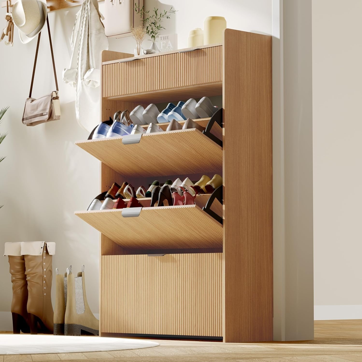 Modern Fluted Shoe Cabinet with Flip Drawers, Slim Kuwait Ubuy