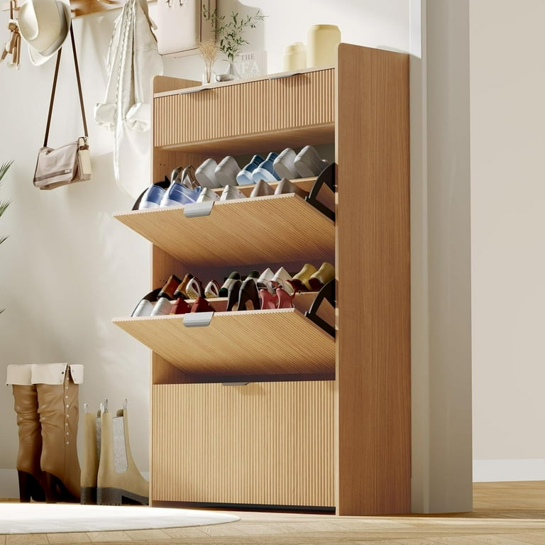 Modern Fluted Shoe Cabinet with Flip Drawers, Slim Shoe Storage